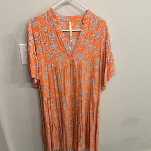 Uncle Frank Orange and Blue Tiered Midi Dress with Mandarin Collar